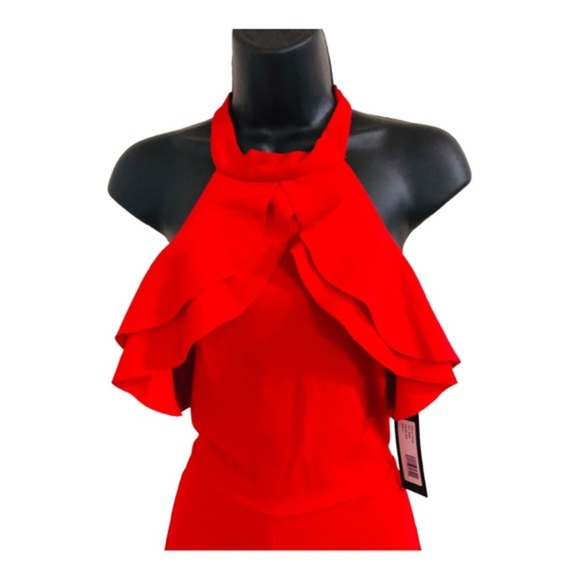 Bebe red Ruffle front belted sleeveless open back Halter Jumpsuit size‎ 2 new - Picture 6 of 15